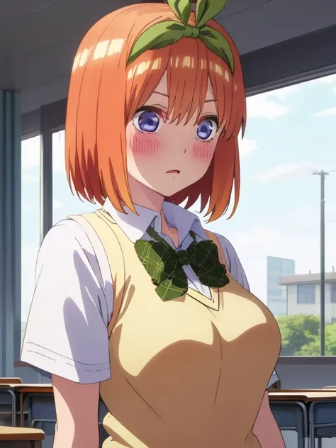 best quality, insanely detailed,yotsuba nakano, breasts, blush, back style, look into the distance, school background, sweater vest, white shirt, bowtie, short sleeves