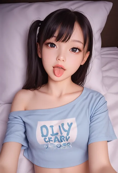 ollarbone,pastel colors t-shirt,off-shoulder look,bare shoulder,midriff peek,string panties,open mouth,(tongue out:2),lying,Selfie,looking ahead,from above,front view,upper body,(1girl,Beautiful 14 year old girl),((Slender,Small breasts,Small face,)),(look...