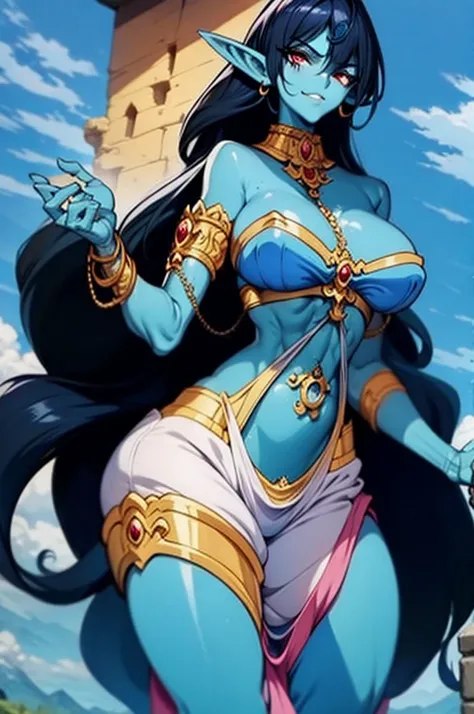 (Masterpiece, best quality, official art, 8K), ultra-detailed, a cartoon image of a Sky Blue Skinned female Djinn with blue hair and a chain around her neck, Human Hybrid Djinn, ((((sky blue skin)))), skin genie girl sky blue, ((perfectly detailed hands an...