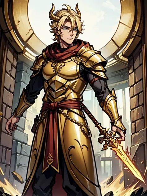 Male Warrior，Golden Dragon Armor，blonde，Golden Dragon Helmet，cloak，Standing，Handsome，Holding a sword