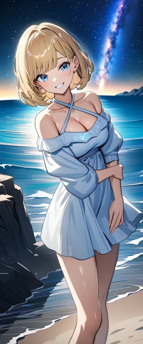 ((grin)), 風が強い, ((off-shoulder dress:1.3, criss-cross halter)), ((white sundress)), ((cleavage)), ((blond hair, bob cut:1.3)), ((sunglasses, hand to sunglasses)), (((from side))), ((((upper body)))), bare legs, (()), (((a beautiful starry sky, the Milky Wa...