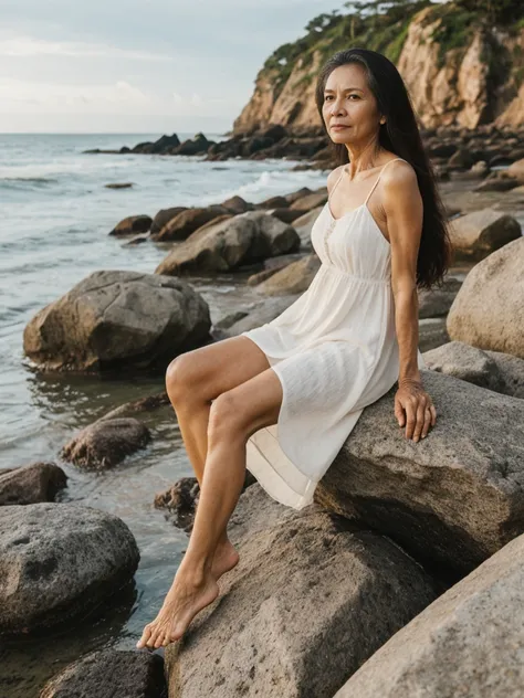 RAW PHOTO, her name is Dolores, high quality, 1 old woman, ((58-year-old slim filipina woman)), (((58 years old))), ((slim body)), ((wrinkled body)), (((old body))), (((long hair))), she is wearing a modest Generation X flowy sundress, POSE: sitting, BREAK...