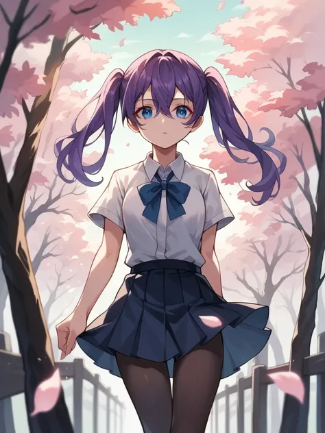 blue eye, red eye, sharp eyes, pointed eyes, purple hair, hair between eyes, curly twintails, masterpiece, sharp focus, best quality, cinematic lighting,blue eyes, hair between eyes,perfect face, legs thick, white short-sleeved shirt, short school skirt, b...