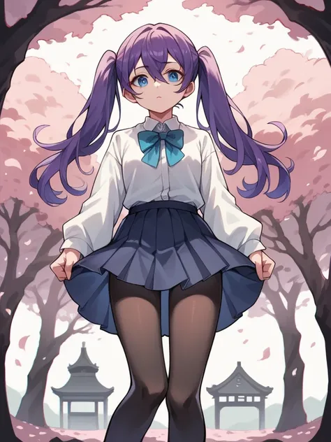 blue eye, red eye, sharp eyes, pointed eyes, purple hair, hair between eyes, curly twintails, masterpiece, sharp focus, best quality, cinematic lighting,blue eyes, hair between eyes,perfect face, legs thick, white short-sleeved shirt, short school skirt, b...