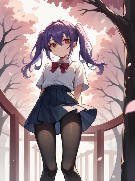 blue eye, red eye, sharp eyes, pointed eyes, purple hair, hair between eyes, curly twintails, masterpiece, sharp focus, best quality, cinematic lighting,blue eyes, hair between eyes,perfect face, legs thick, white short-sleeved shirt, short school skirt, b...