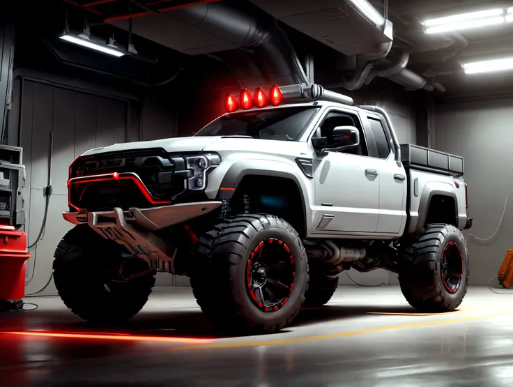 create a concept image of a futuristic pickup truck in a professional photography studio. the vehicle should embody cutting-edge...