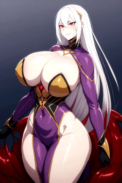 girl, (huge breasts size 128 cm), (narrow waist), Powerful woman, White hair, big butt size 130, beautiful face, fine features, Red eyes, SMILE, evil, psychopath, mileena costume, black suit, coming out of a river of blood