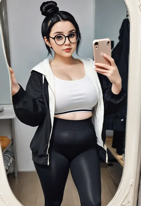 girl with a slightly dark color, a little chubby, culona, wide legs, waist a little big, with leggings, a black and white jacket, short black hair with bun and oval glasses, taking a selfie of their entire body in the mirror, small stature