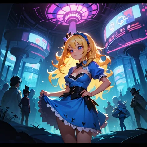 a beautiful 20 year old blonde woman with big messy hair in a blue dress, white stockings, black headband, cleavage, holding a glowing mushroom, fantasy art style, rossdraws cartoon vibrant, alice x. zhang, alice in wonderland cyberpunk, cute detailed digi...