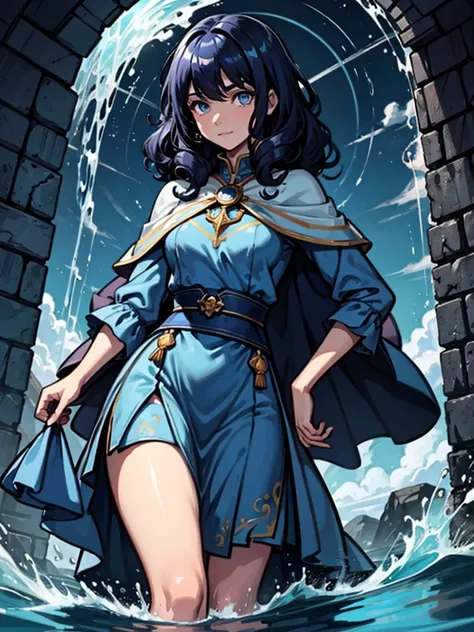 girl，Dark blue hair，curls，Water Element，Blue clothes，cute，Fair，Mage