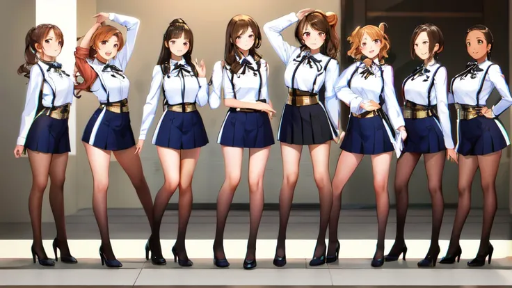 masterpiece, Highest quality, High resolution, 10+girl, crowd, Identical twin sisters, clone, An orderly line of sisters, An orderly line of sisters, Sisters in a row, uniform, Matching outfits, Long Hair, Curly Hair, ponytail, Matching hairstyle, Hazel Ey...