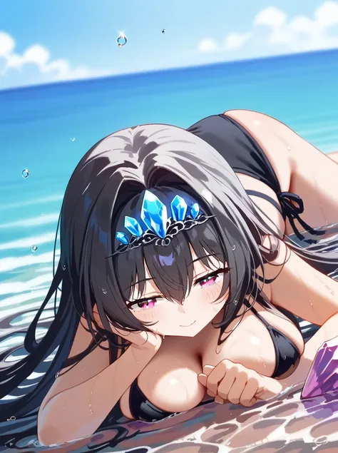 [WAI-ANI-NSFW-PONYXL:100],
score_9, score_8_up, score_7_up, score_6_up, score_5_up, score_4_up, masterpiece, best quality, source_anime, shiodare,
rating_safe,

1girl, (lying in the water:1.2), on stomach, headrest, hands on own cheeks,
BREAK
15yo, , (larg...