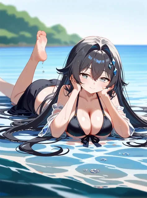 [WAI-ANI-NSFW-PONYXL:100],
score_9, score_8_up, score_7_up, score_6_up, score_5_up, score_4_up, masterpiece, best quality, source_anime, shiodare,
rating_safe,

1girl, (lying in the water:1.2), on stomach, headrest, hands on own cheeks,
BREAK
15yo, , (larg...