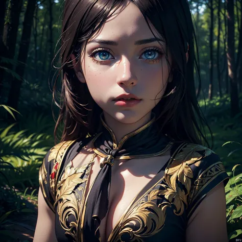 a woman sitting on the ground near the campfire in a forest, medieval era, she wears a light and very exotic outfit, beautiful detailed eyes, beautiful detailed lips, extremely detailed face and features, longeyelashes, medieval fantasy, campfire, forest, ...