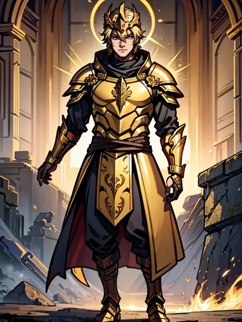 Male Warrior，Golden Dragon Armor，blonde，Golden Dragon Helmet，cloak，Standing，Handsome