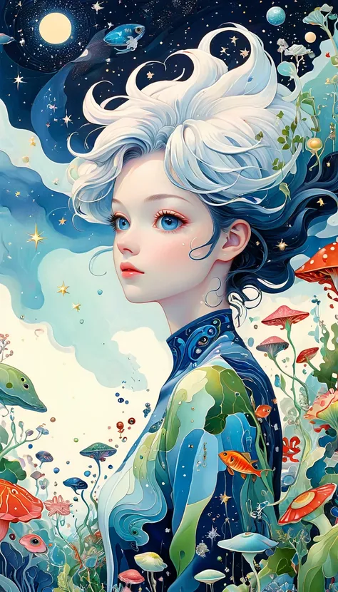 (((James Jean styles：1.5)))，microorganism、plant、Marine life、Exquisite eyes、Starry Sky，Stitching together an abstract painting，Describing the inner world of autistic people，3D spatial sense，White Space，interesting，Innocence，Psychedelic Art