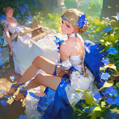 (score_9,score_8_up,score_7_up,) woman in fancy dress leaning over an upright grand piano at dusk with flowers around, 1girl, dress, solo, instrument, flower, high heels, sitting, tiara, white dress, blue eyes, blue flower, blonde hair, hair bun, Expressiv...