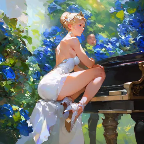 (score_9,score_8_up,score_7_up,) woman in fancy dress leaning over an upright grand piano at dusk with flowers around, 1girl, dress, solo, instrument, flower, high heels, sitting, tiara, white dress, blue eyes, blue flower, blonde hair, hair bun, Expressiv...