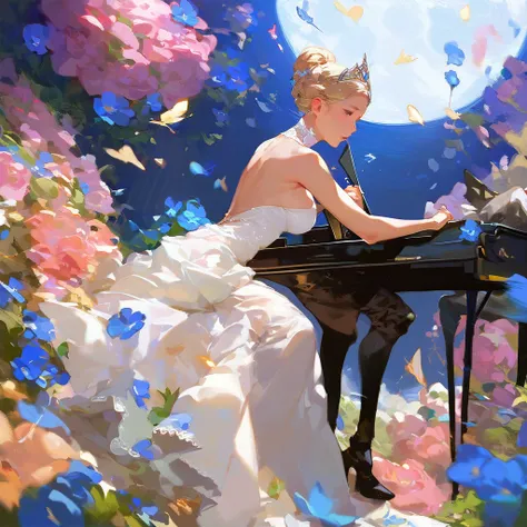 (score_9,score_8_up,score_7_up,) woman in fancy dress leaning over an upright grand piano at dusk with flowers around, 1girl, dress, solo, instrument, flower, high heels, sitting, tiara, white dress, blue eyes, blue flower, blonde hair, hair bun, Expressiv...