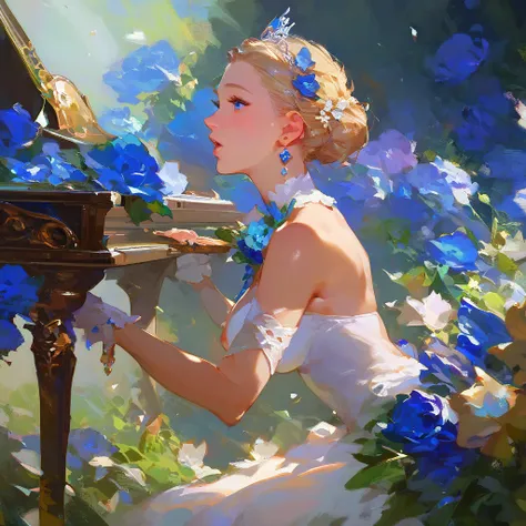 (score_9,score_8_up,score_7_up,) woman in fancy dress leaning over an upright grand piano at dusk with flowers around, 1girl, dress, solo, instrument, flower, high heels, sitting, tiara, white dress, blue eyes, blue flower, blonde hair, hair bun, Expressiv...