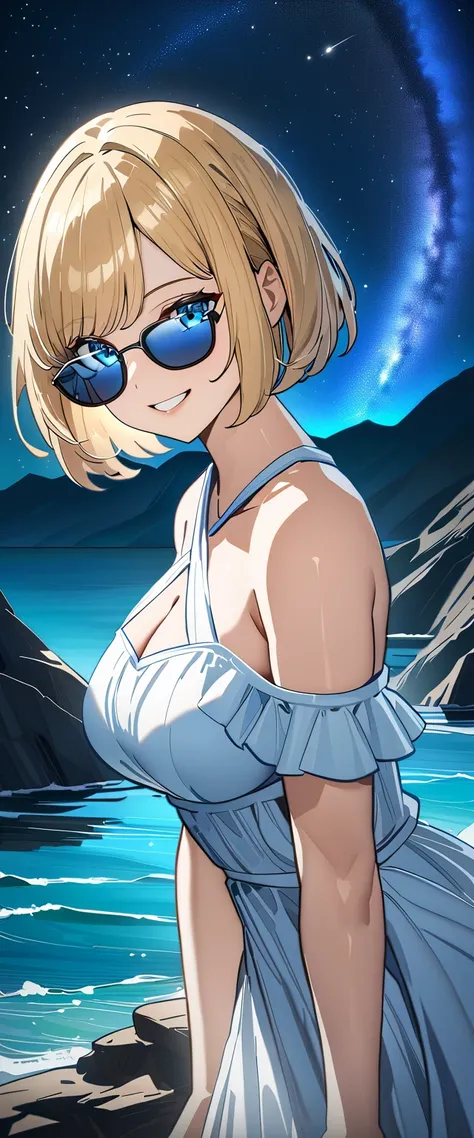 ((grin)), 風が強い, ((off-shoulder dress:1.3, criss-cross halter)), ((white sundress)), ((cleavage)), ((blond hair, bob cut:1.3)), ((sunglasses, hand to sunglasses)), (((from side))), ((((upper body)))), bare legs, (()), (((a beautiful starry sky, the Milky Wa...