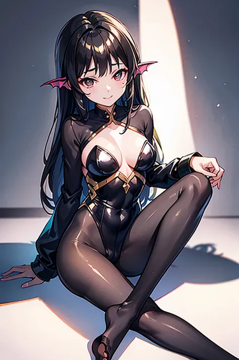 Highest quality　Highest quality　Draw a face carefully　High-definition anime-style face　Super Glowing Skin　Long black hair　Brown leotard　Golden pantyhose　Succubus　lure　smile　sit　Show the soles of your feet　Close up of the soles of the feet