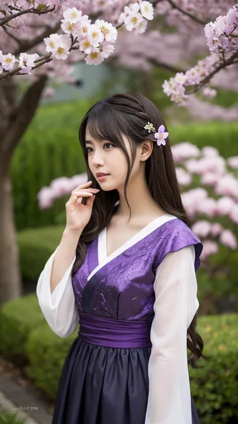 Anime girl in a purple and black dress with a purple sakura flower in her hair, artwork in the style of Gweitz, Gweitz, japanese Girl, Trending on cgstation, Cute anime  in a nice dress, Gweitz on pixiv artstation, palace ， Girl in Hanfu, Beautiful digital...