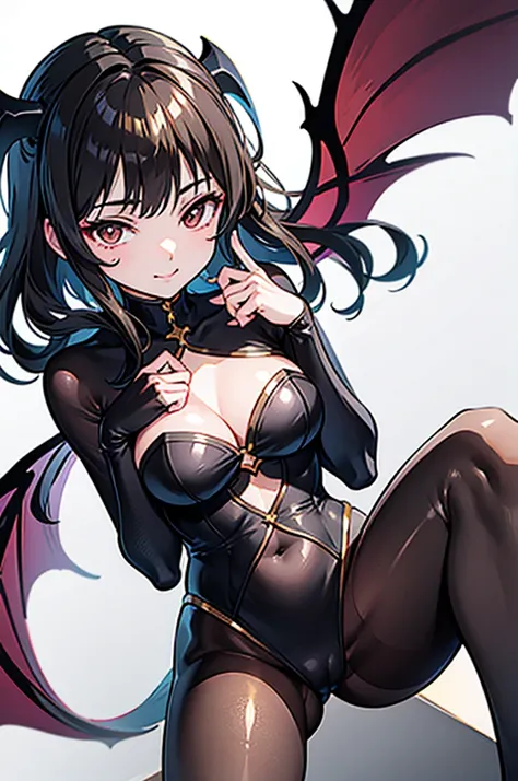 Highest quality　Highest quality　Draw a face carefully　High-definition anime-style face　Super Glowing Skin　Long black hair　Brown leotard　Golden pantyhose　Succubus　lure　smile　squat　Show the soles of your feet　Close up of the soles of the feet