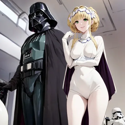 ((Highest quality)), ((masterpiece)), (detailed), （Perfect Face）、The woman is a Stormtrooper named Tiare, with green eyes, blonde medium-length hair, a Princess Leia hairstyle, a black Princess Leia costume, and a gorgeous black cloak.、The woman is standin...