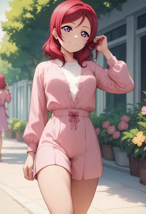 masterpiece, best quality, highres, nishikino maki,purple eyes,red hair, sexy, pink summer dress,llchar,love live, breasts apart , walking, thighs,long sleeves , one hand on hair 