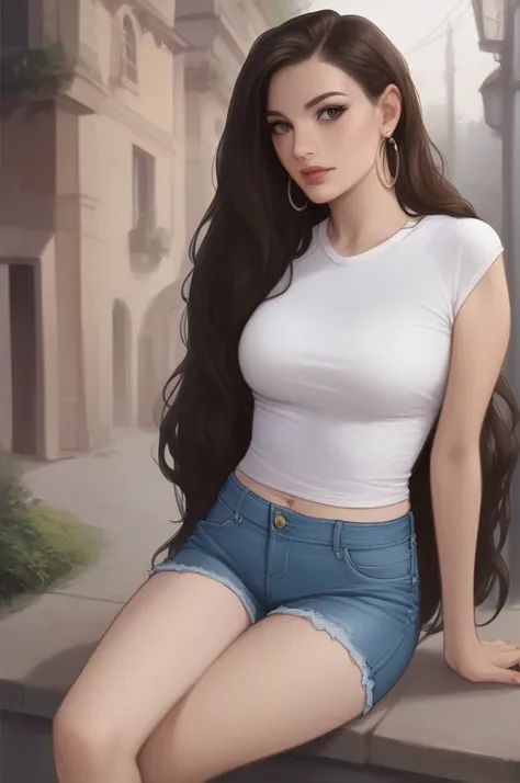 Top quality, masterpiece, ultra high definition, (Real: 1.4), Original photo, (Evening Street), 1 girl, black eyes, looking at the audience, long hair, light makeup, lips, small ears, white t-shirt, denim shorts, earrings, sitting Ferrari,, slim, neat, par...