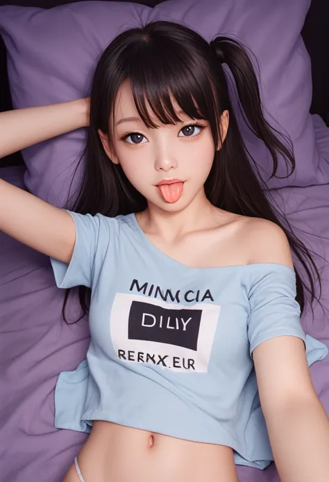 ollarbone,pastel colors t-shirt,off-shoulder look,bare shoulder,midriff peek,string panties,open mouth,(tongue out:2),lying,Selfie,looking ahead,from above,front view,upper body,(1girl,Beautiful 14 year old girl),((Slender,Small breasts,Small face,)),(look...