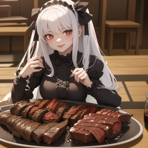 Gothic Lolita girl eating yakiniku