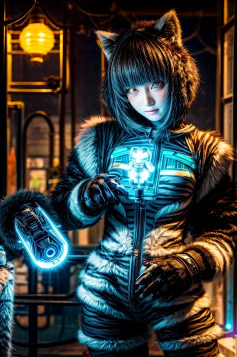 girl mechanic fixes robot tiger, fur, futuristic style, sakura, fur tiger. open repair shop, mechanisms, soft neon light, masterpiece. high detail. detailing of objects.