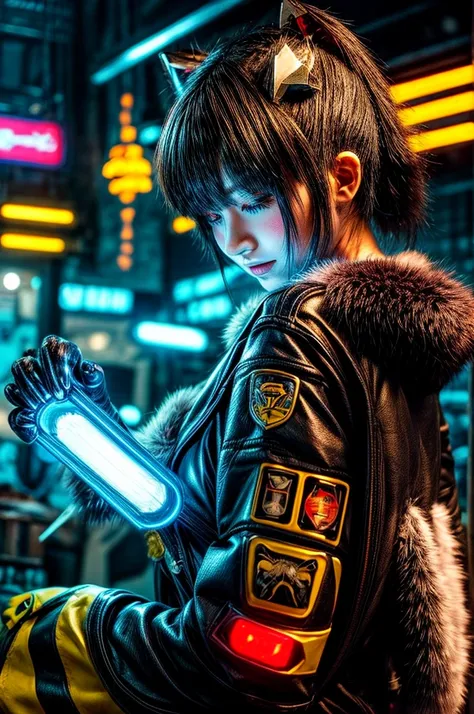 girl mechanic fixes robot tiger, fur, futuristic style, sakura, fur tiger. open repair shop, mechanisms, soft neon light, masterpiece. high detail. detailing of objects.