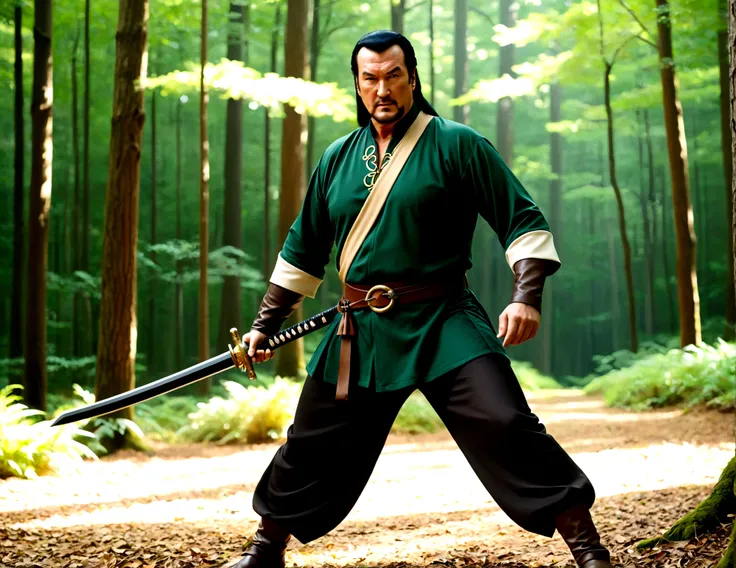 Steven Seagal (current, modern) in the role of Link (Link costume, blonde wig over black hair, wooden sword at side), akido pose, forest