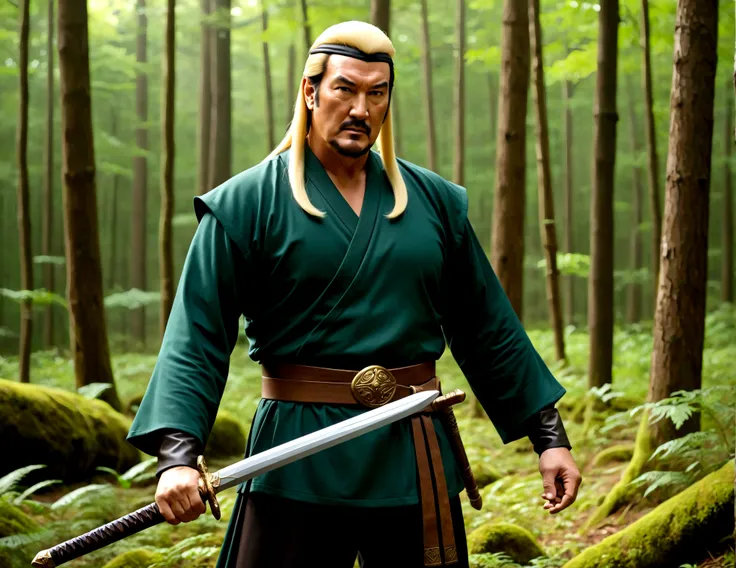 Steven Seagal (current, modern) in the role of Link (Link costume, blonde wig over black hair, wooden sword at side), akido pose, forest
