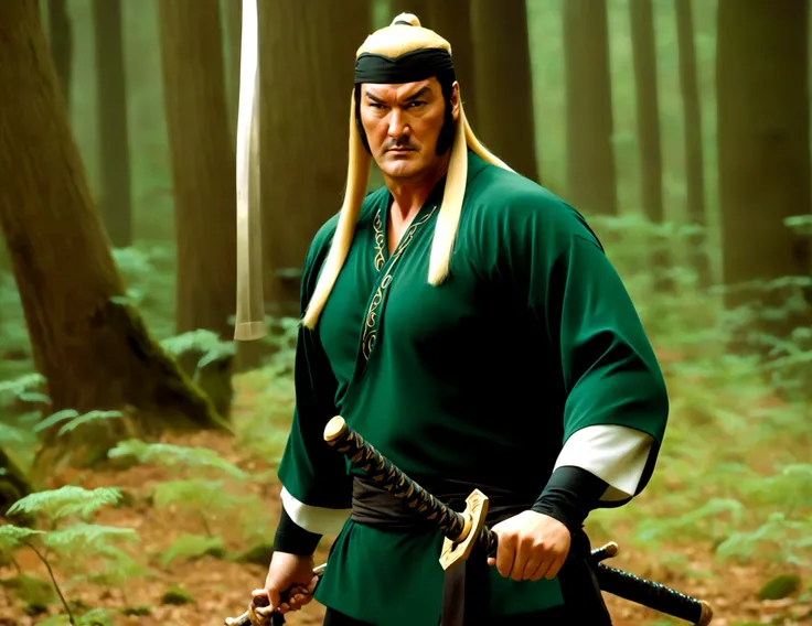 Steven Seagal (current, modern) in the role of Link (Link costume, blonde wig over black hair, wooden sword at side), akido pose, forest
