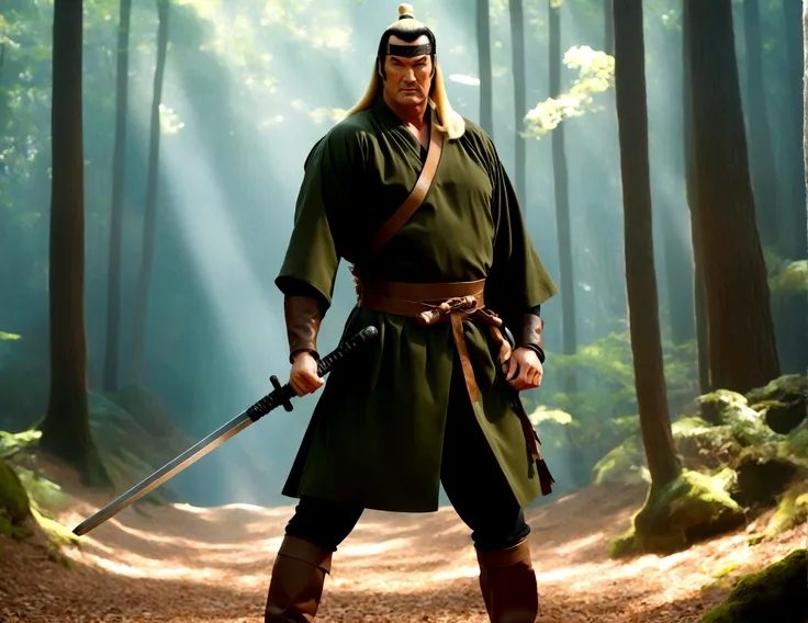 Steven Seagal (current, modern) in the role of Link (Link costume, blonde wig over black hair, wooden sword at side), akido pose, forest
