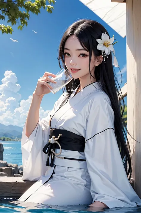 Smiling beautiful woman with black hair and white kimono drinking water under the blue sky