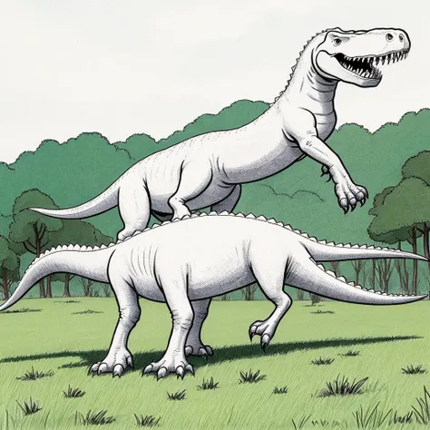 Cartoon, simple drawling,dinosour,animated,white,no color,on a field, t-rex, simple background 