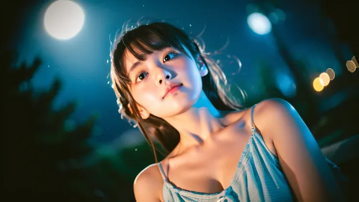 A very cute face like an idol、Looks like a young face、One woman, aged 20、Gentle and cute、Cleavage、Beautiful starry sky、(Looking up at the night sky)、(((Textured skd, front lightindg, F/1.0mm, fujifilm G FUX50R, In Reg)))、((Dim lighting))、RAW Photos、Genuine...