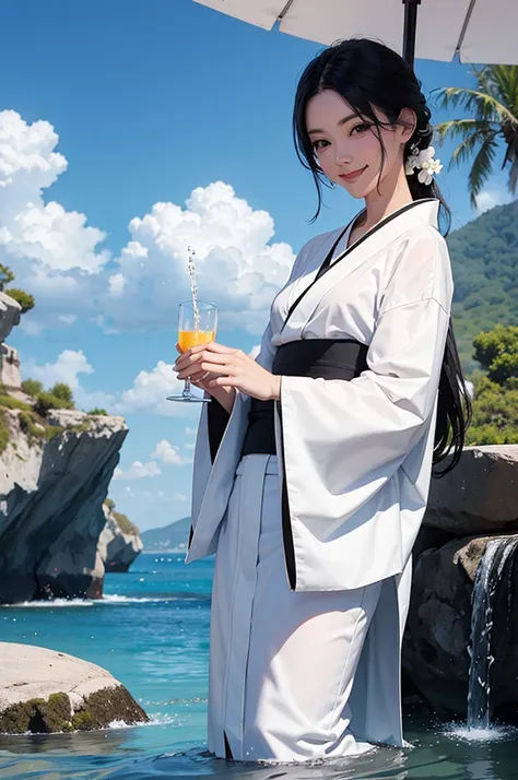 Smiling beautiful woman with black hair and white kimono drinking water under the blue sky