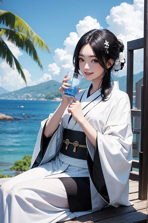 Smiling beautiful woman with black hair and white kimono drinking water under the blue sky