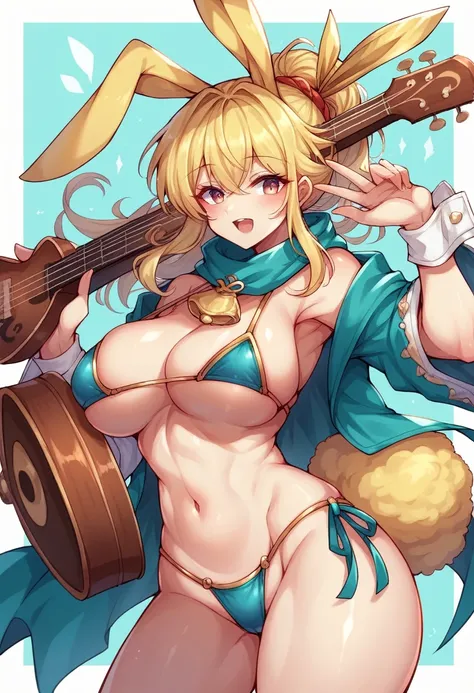 Alone rabbitfolk, fantasy race, large breasts, bard, blue micro bikini, blond hair, yellow rabbit ears, yellow rabbit tail, musical instrument, lute