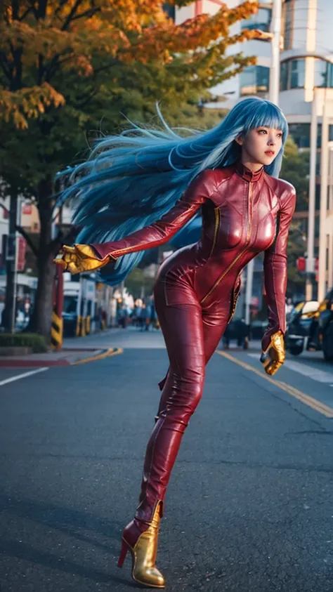 (masterpiece), best quality, expressive eyes, perfect face ((kof)), ((king of fighters)), ((kula diamond)), kula, ((long blue hair)), ((young girl)), yellow gloves, ((full maroon leather bodysuit)), ((zip red, maroon full bodysuit)), skintight, breasts exp...