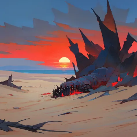 Old West, Desert, horizon, blue Night , from far, Oil paint, red sun,(only blue and black color palette), Giant glass shards in sand, spiky glass structures, massive giant worm crawling in the dunes, sand dunes, dune, worm, darkness, Scary, corpse