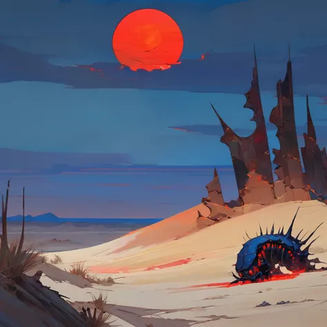 Old West, Desert, horizon, blue Night , from far, Oil paint, red sun,(only blue and black color palette), Giant glass shards in sand, spiky glass structures, massive giant worm crawling in the dunes, sand dunes, dune, worm, darkness, Scary, corpse