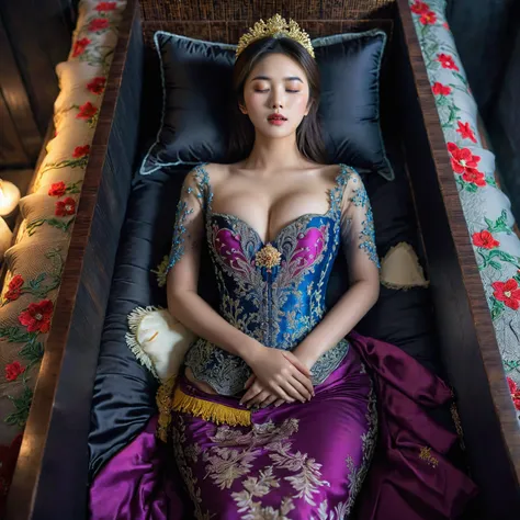 In a striking 8K HDR scene, a stunning Korean woman, 22 years old, lies peacefully in a black coffin surrounded by plush pillows. The deep box is set against a rich black background, accentuating the beauty of the subject. Her exquisite kebaya attire is em...