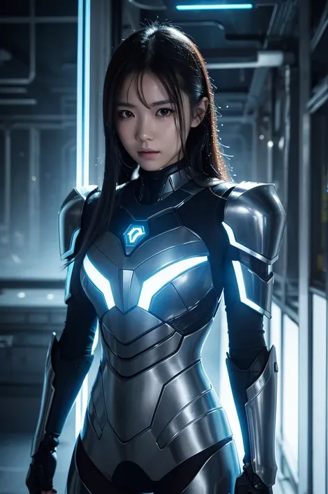 A beautiful Japanese girl is depicted in a vertical, ultra-realistic illustration, set in a futuristic, neon-lit environment. She has long, wet hair that clings to her face, adding to the intense atmosphere. She wears a form-fitting, translucent outfit tha...